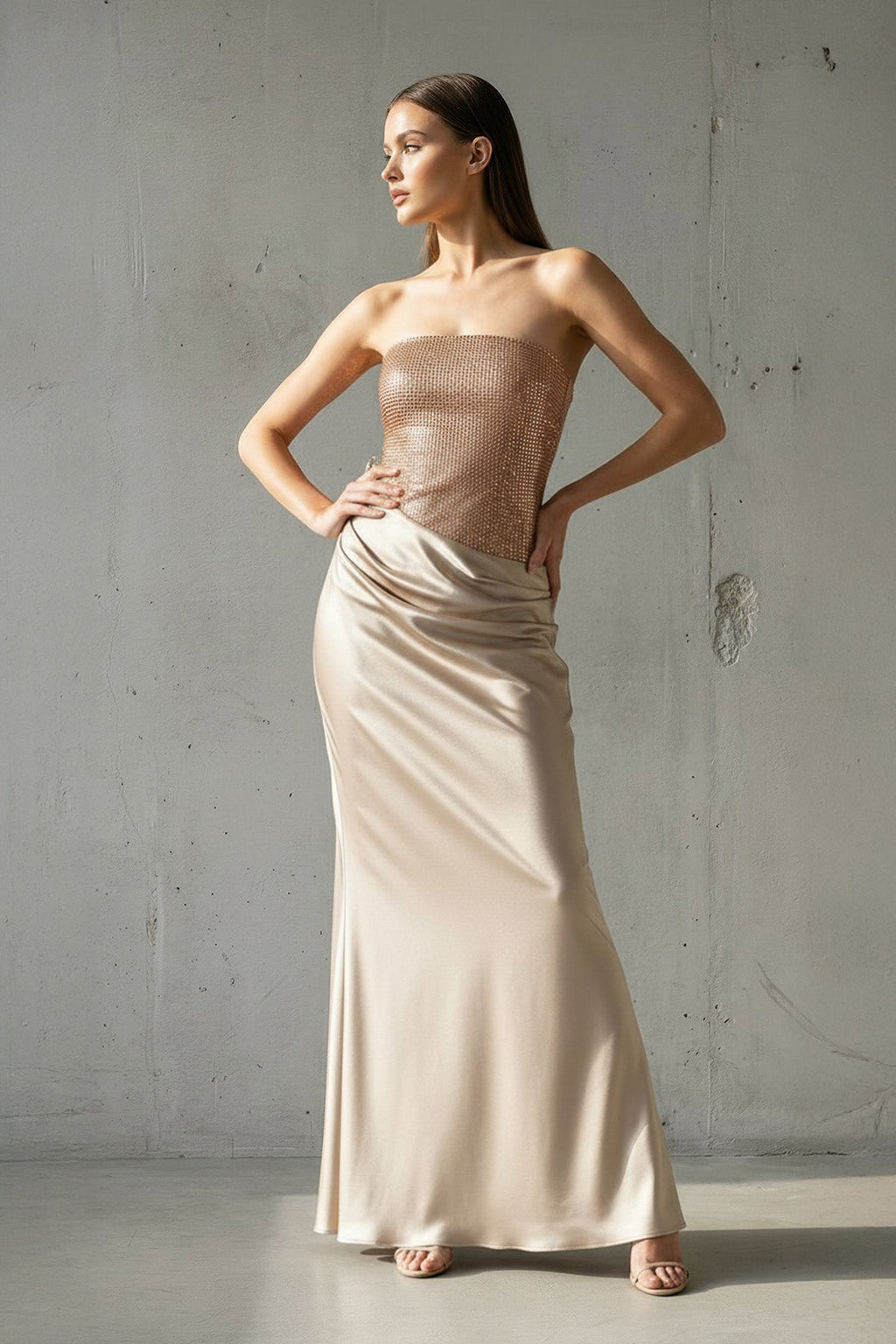 Strapless Maxi Dress With Beading in Champagne