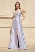 Strapless Maxi Dress with Slit in Lavender Grey