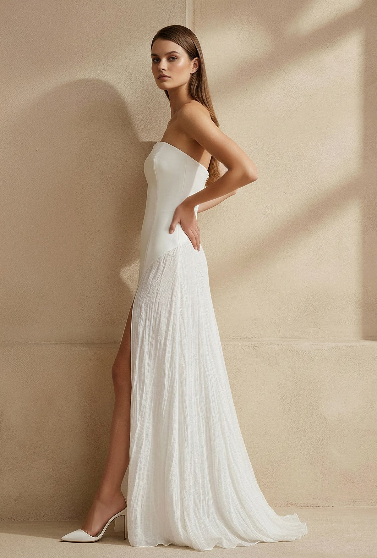 Strapless Maxi Dress With Slit in White