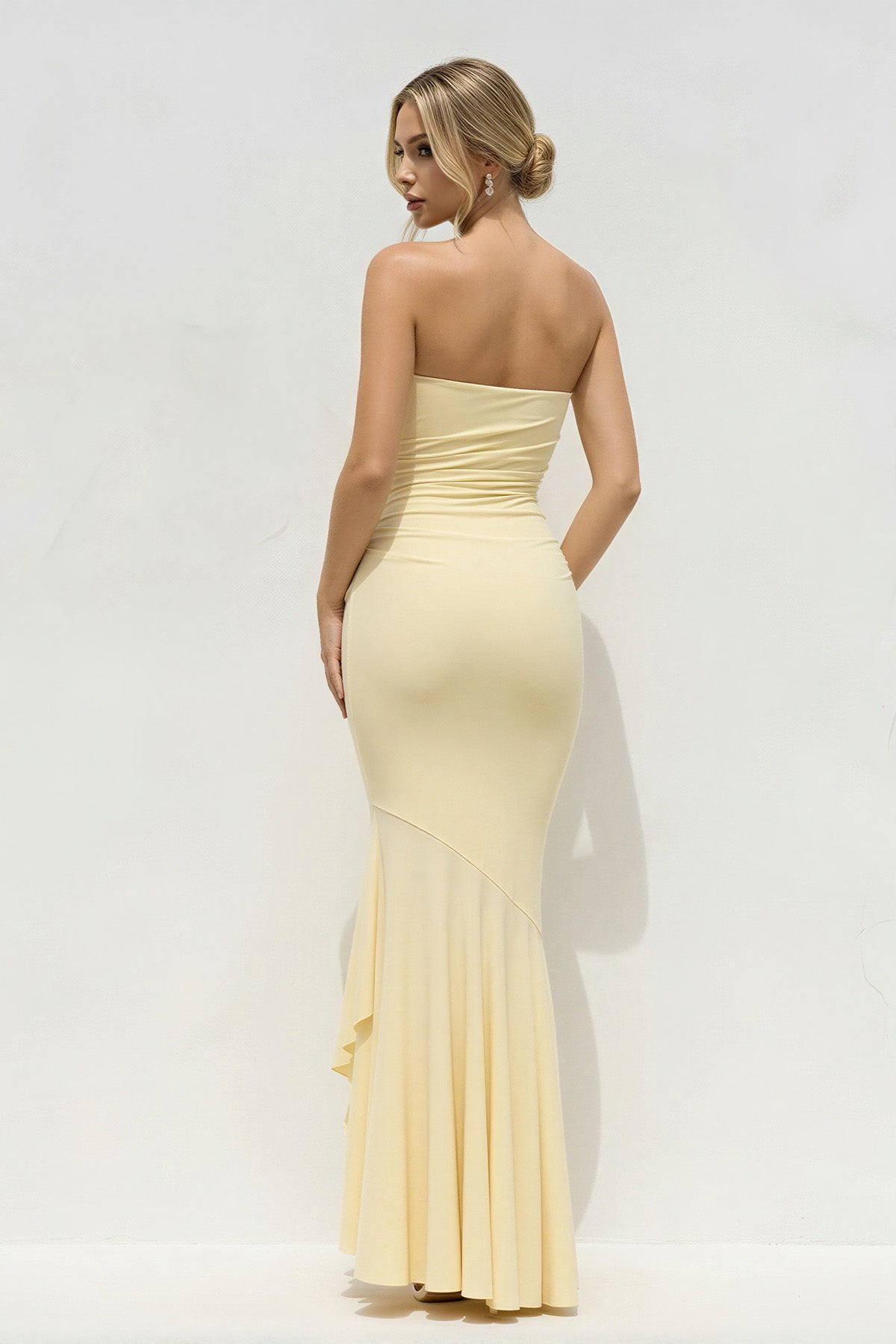 Strapless Mermaid Maxi Dress With Ruffles in Yellow