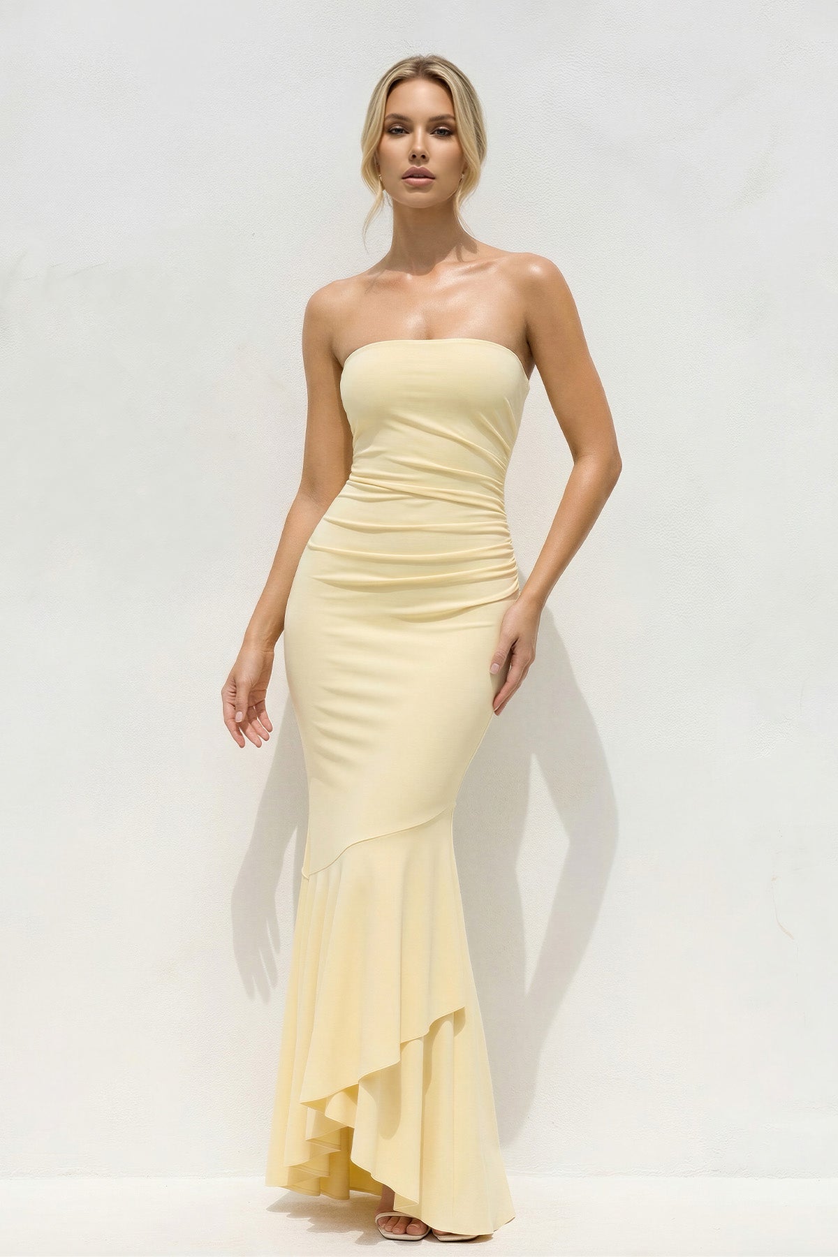 Strapless Mermaid Maxi Dress With Ruffles in Yellow