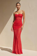 Strapless Mermaid Pleated Maxi Dress in Red