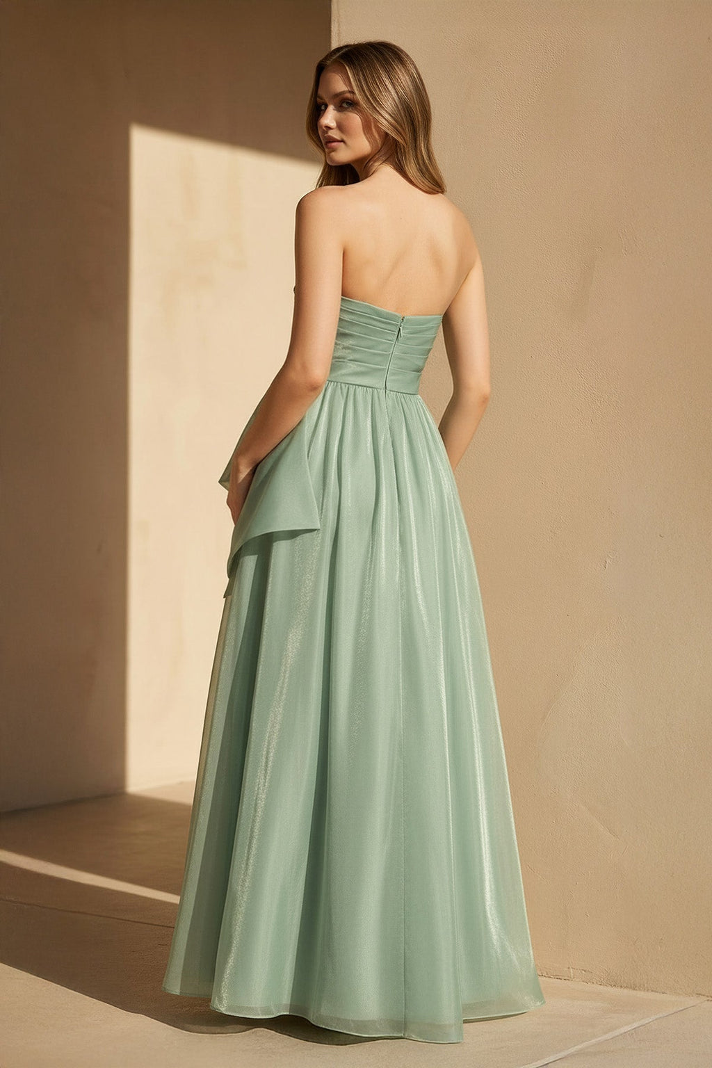 Strapless Organza Gown With Bow in Pale Pistachio