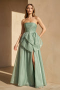 Strapless Organza Gown With Bow in Pale Pistachio