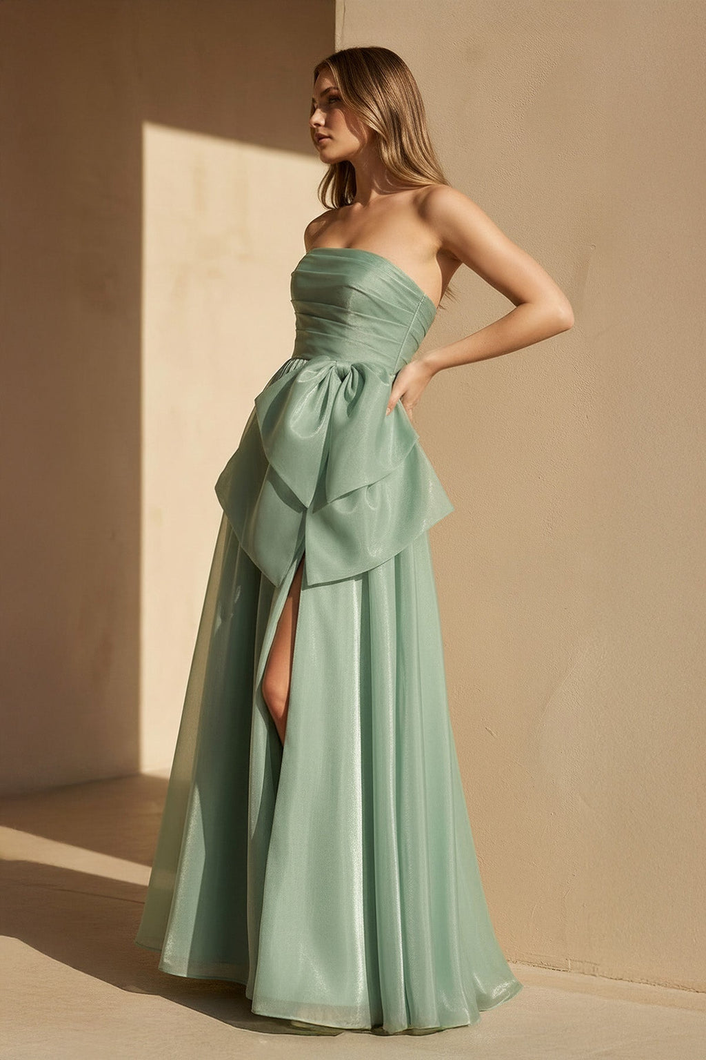 Strapless Organza Gown With Bow in Pale Pistachio