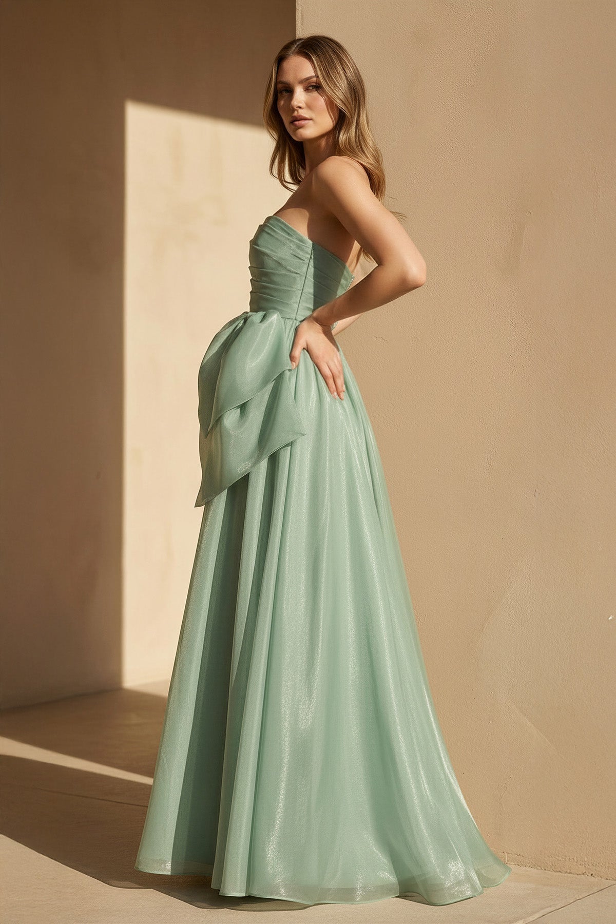 Strapless Organza Gown With Bow in Pale Pistachio