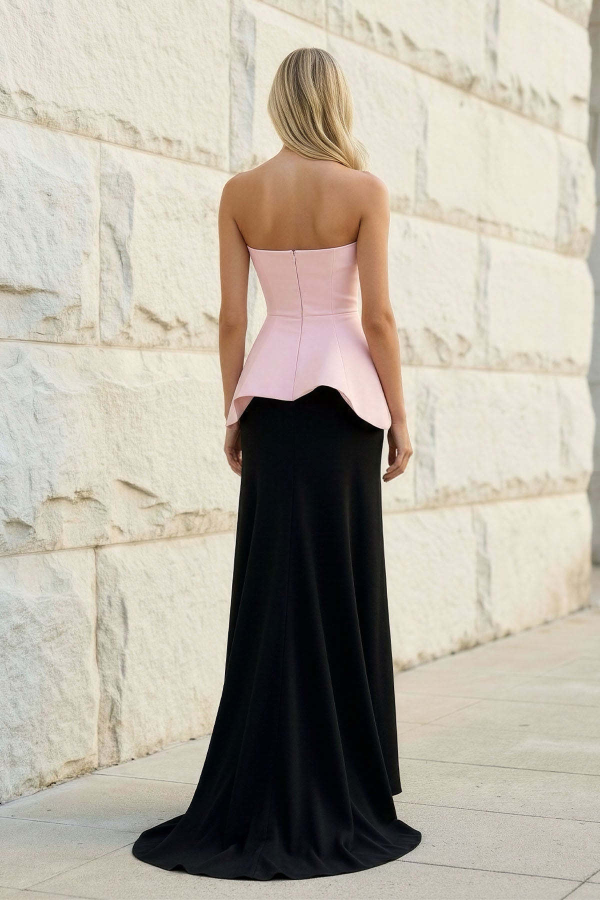 Strapless Peplum Gown in Black and Pink