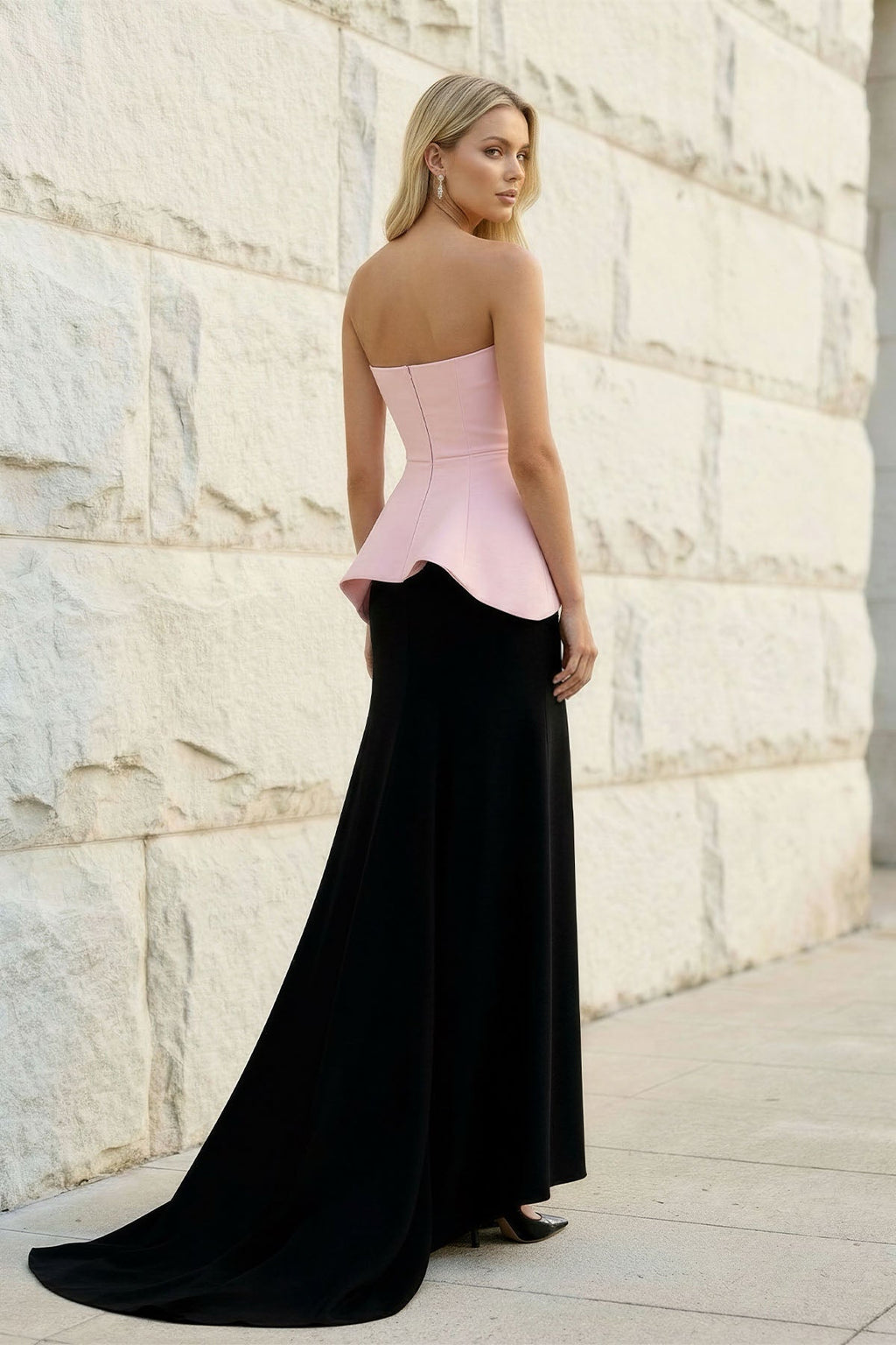 Strapless Peplum Gown in Black and Pink