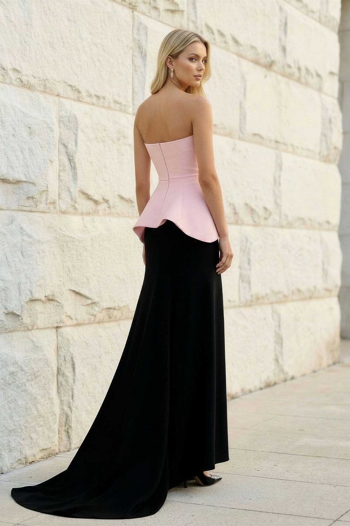 Strapless Peplum Gown in Black and Pink
