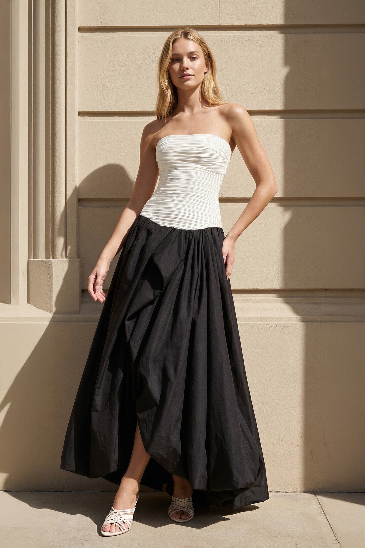 Strapless Pleated Gown in Black and White