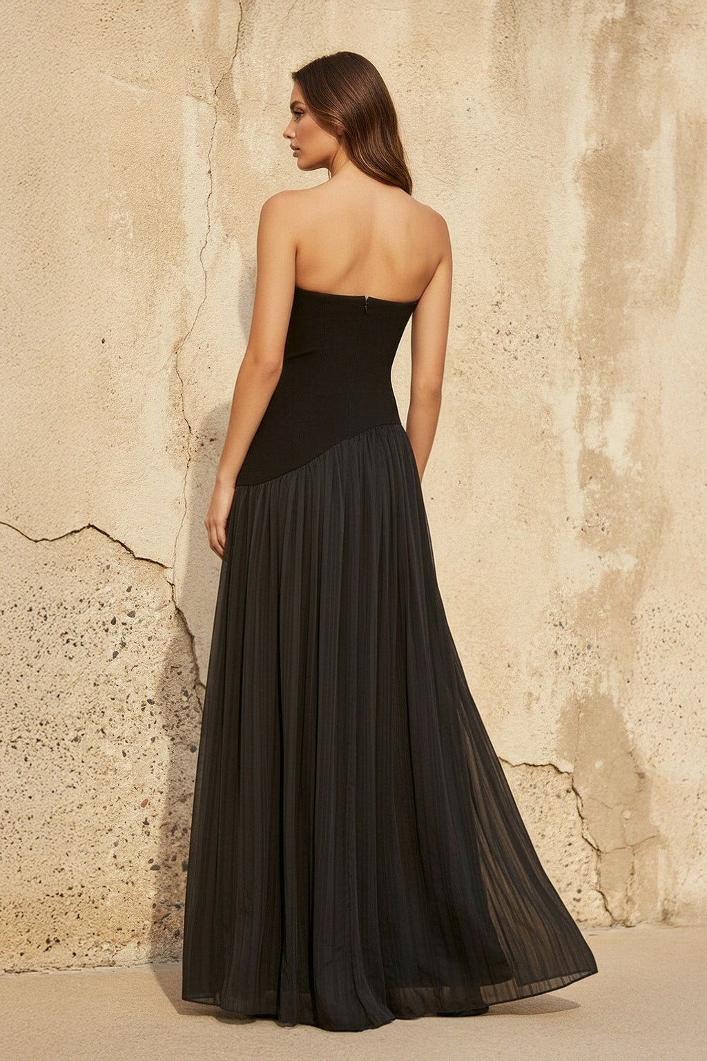 Strapless Pleated Maxi Dress in Black