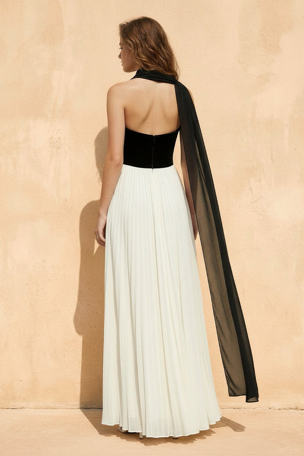 Strapless Pleated Maxi Dress in Black and Ivory