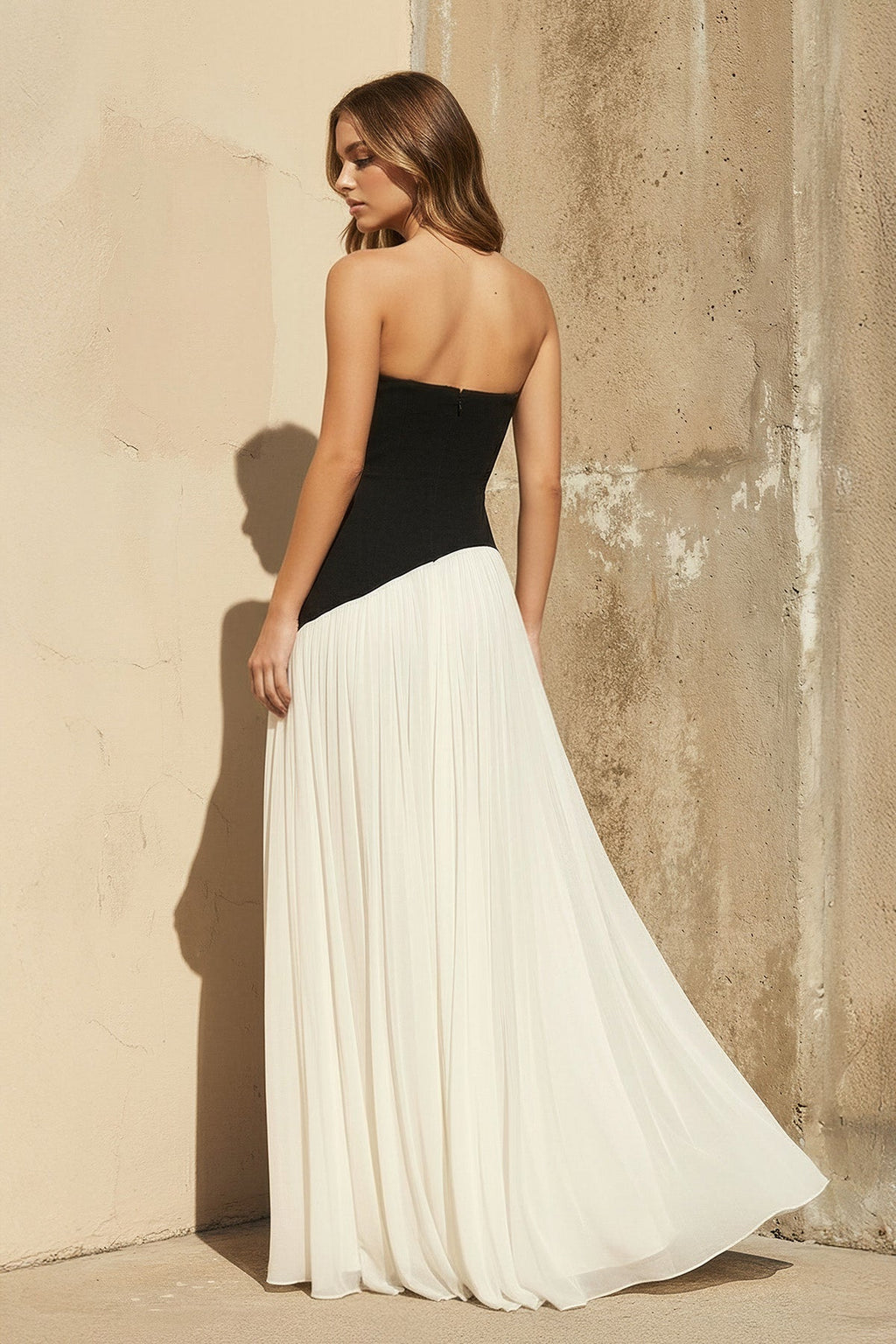 Strapless Pleated Maxi Dress in Black and Ivory