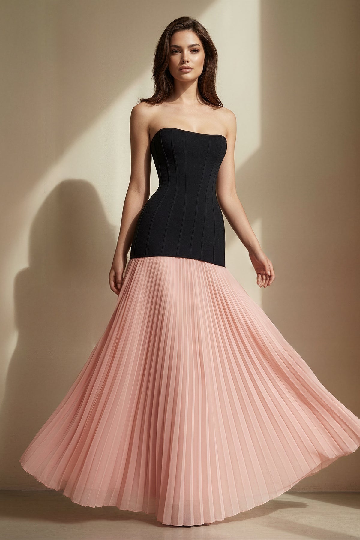 Strapless Pleated Maxi Dress in Black and Pink