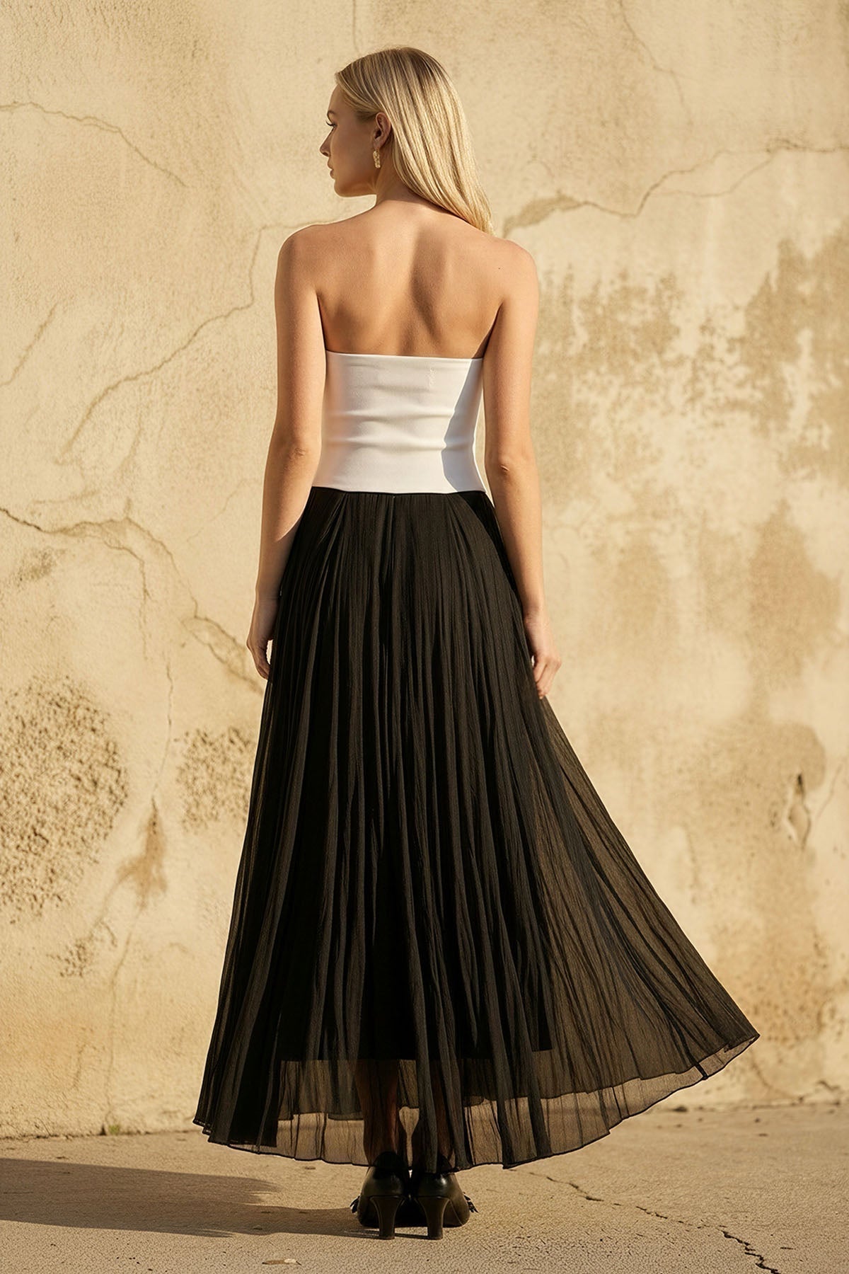 Strapless Pleated Maxi Dress in Black and White