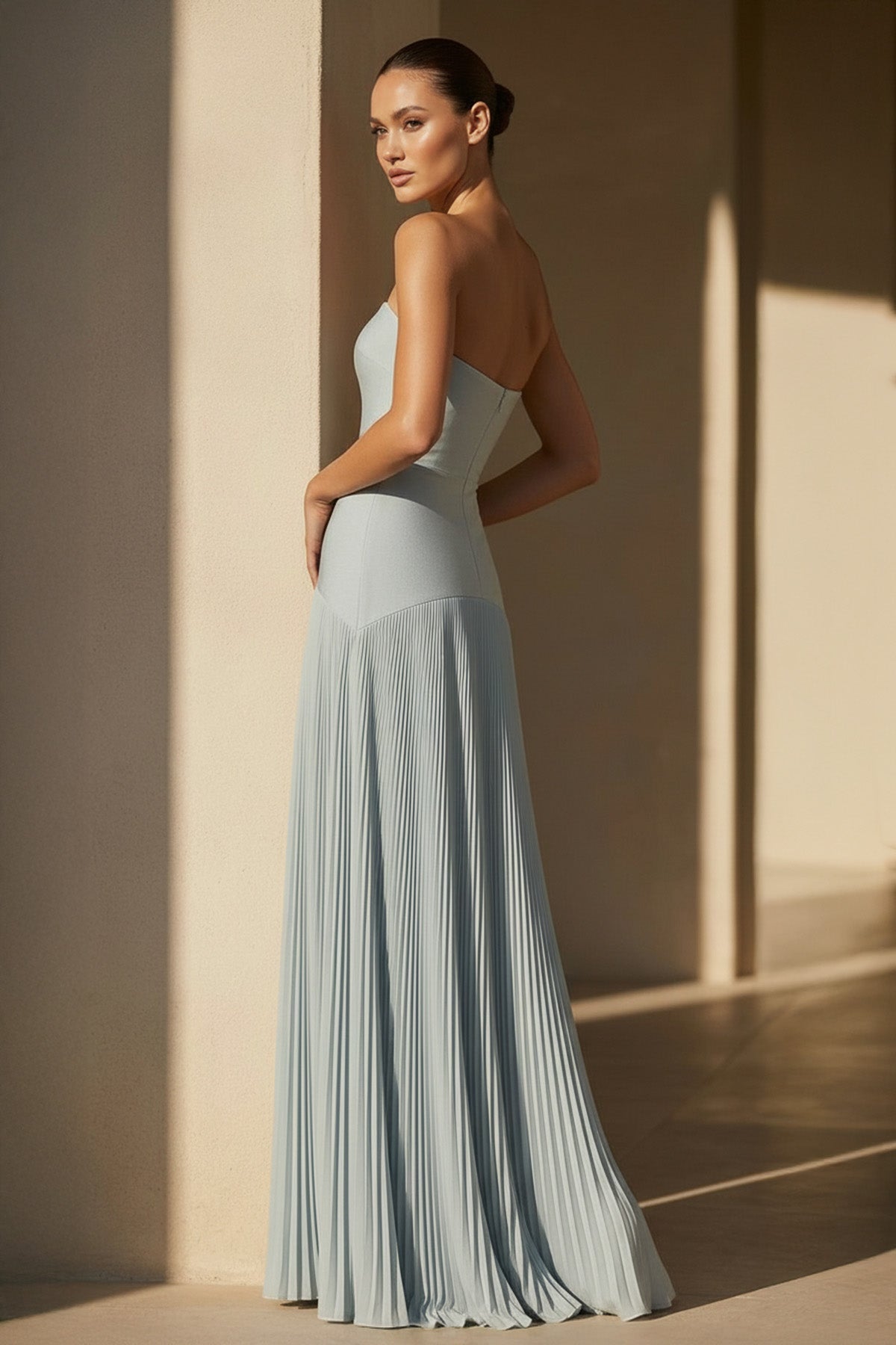 Strapless Pleated Maxi Dress in Dusty Blue