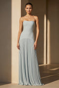 Strapless Pleated Maxi Dress in Dusty Blue
