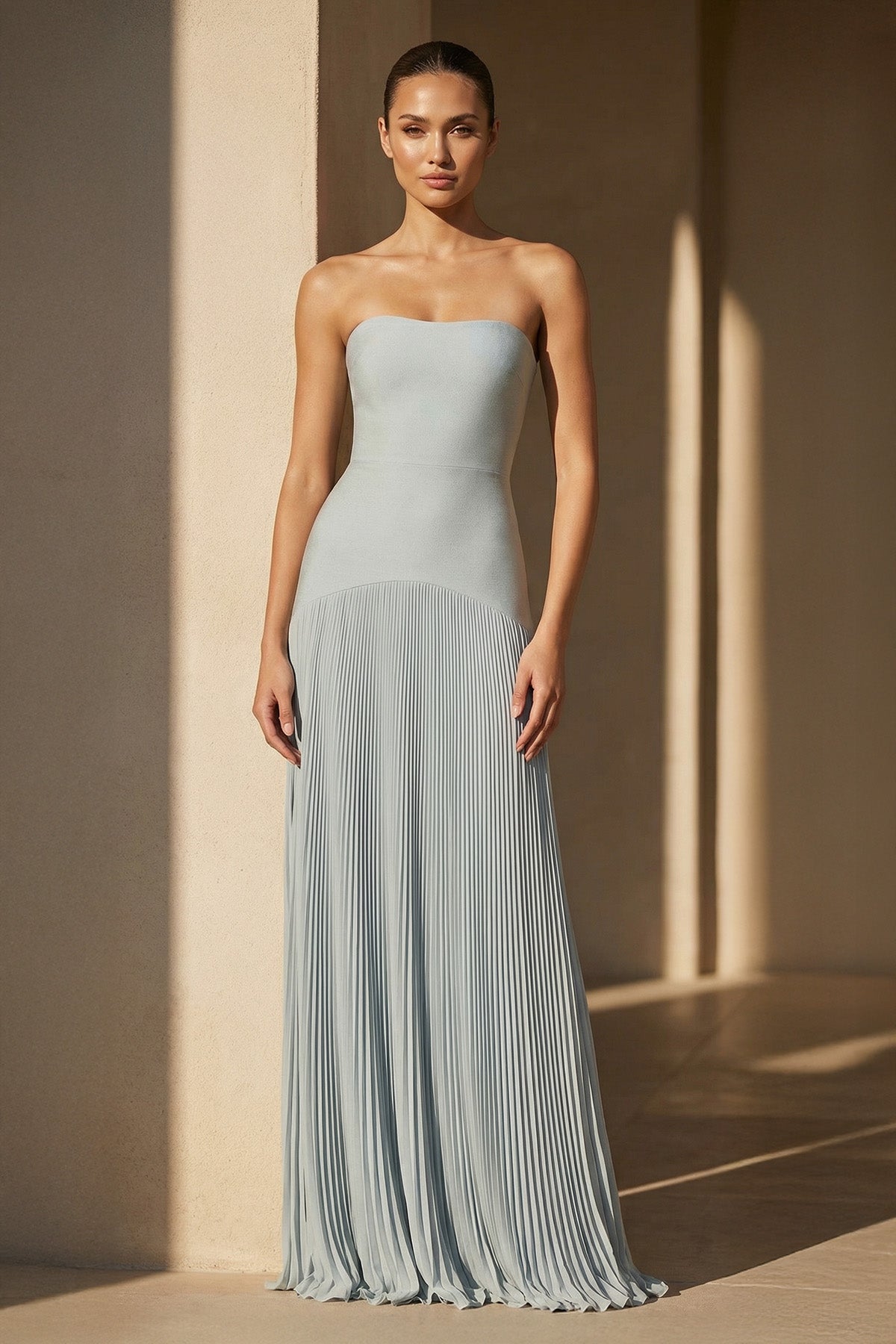 Strapless Pleated Maxi Dress in Dusty Blue