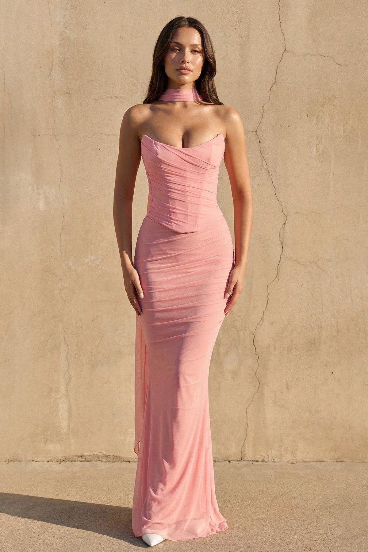 Strapless Pleated Maxi Dress With Scarf in Blush