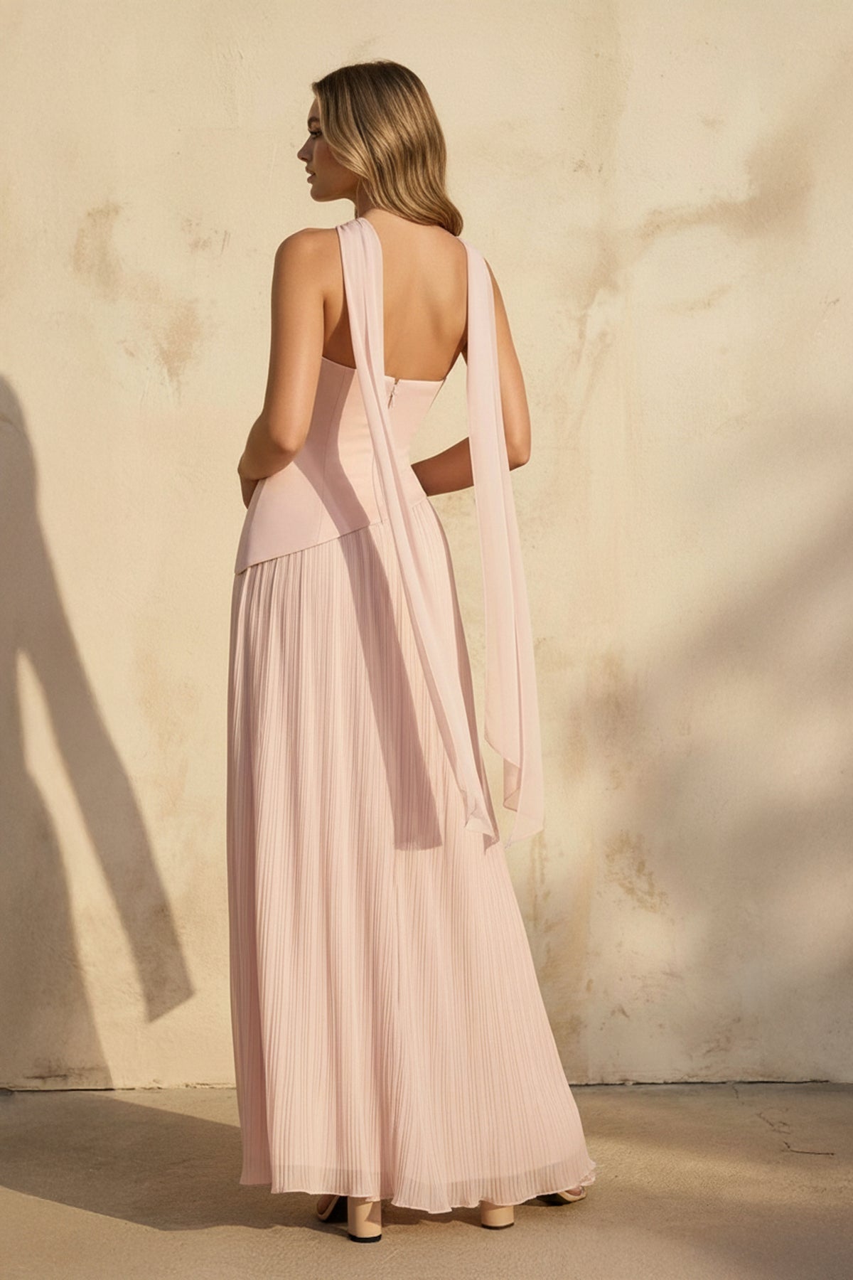 Strapless Pleated Maxi Dress With Scarf in Blush