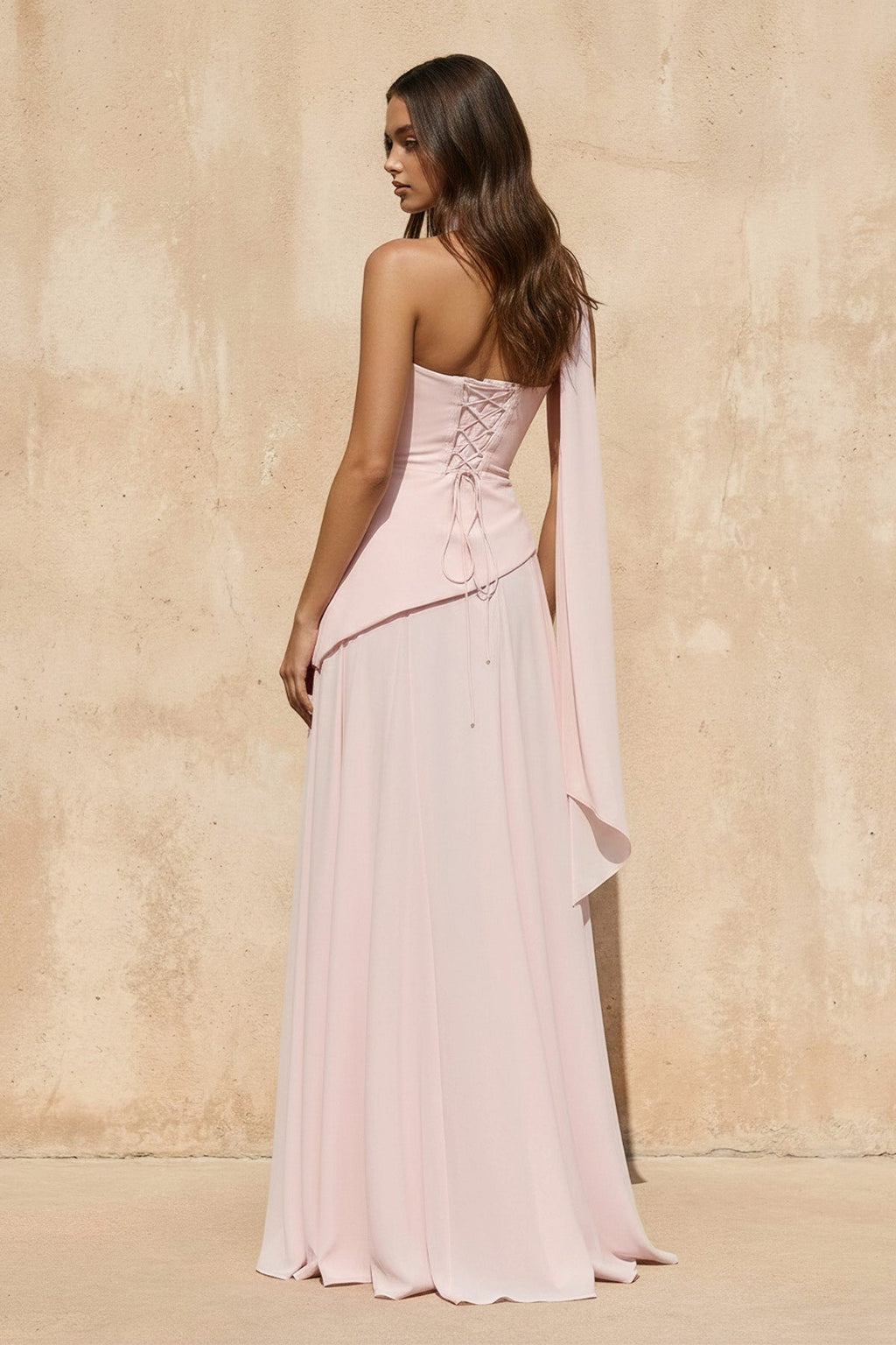 Strapless Pleated Maxi Dress with Scarf in Pink