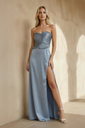 Strapless Pleated Maxi Dress With Slit in Steel Blue