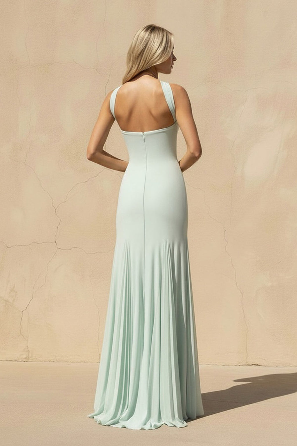 Strapless Pleated Sheath Gown in Mint Green