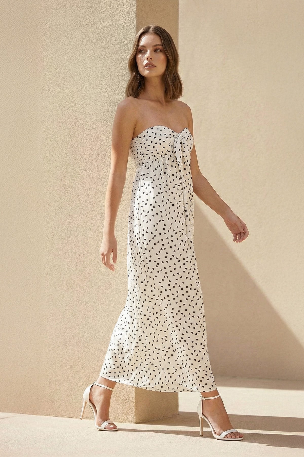 Strapless Polka Dot Maxi Dress With Bow in White