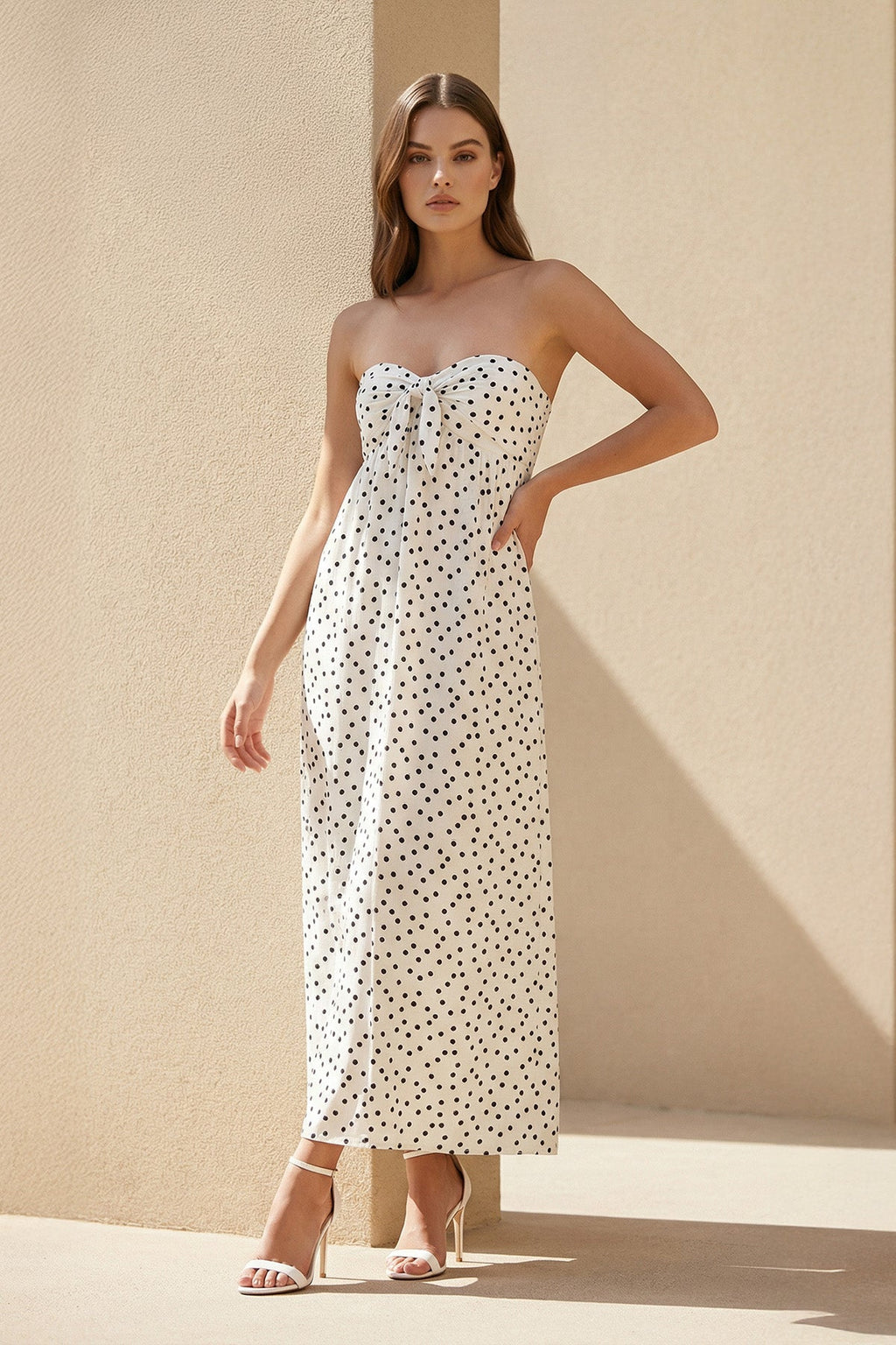 Strapless Polka Dot Maxi Dress With Bow in White