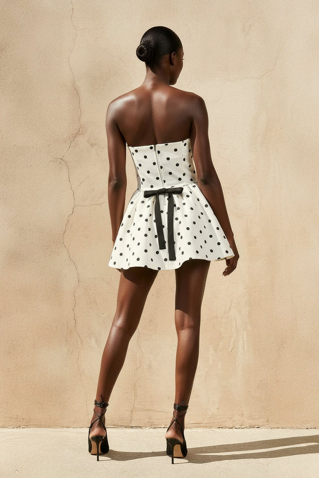 Strapless Polka Dot Mini Dress With Bow in Ivory