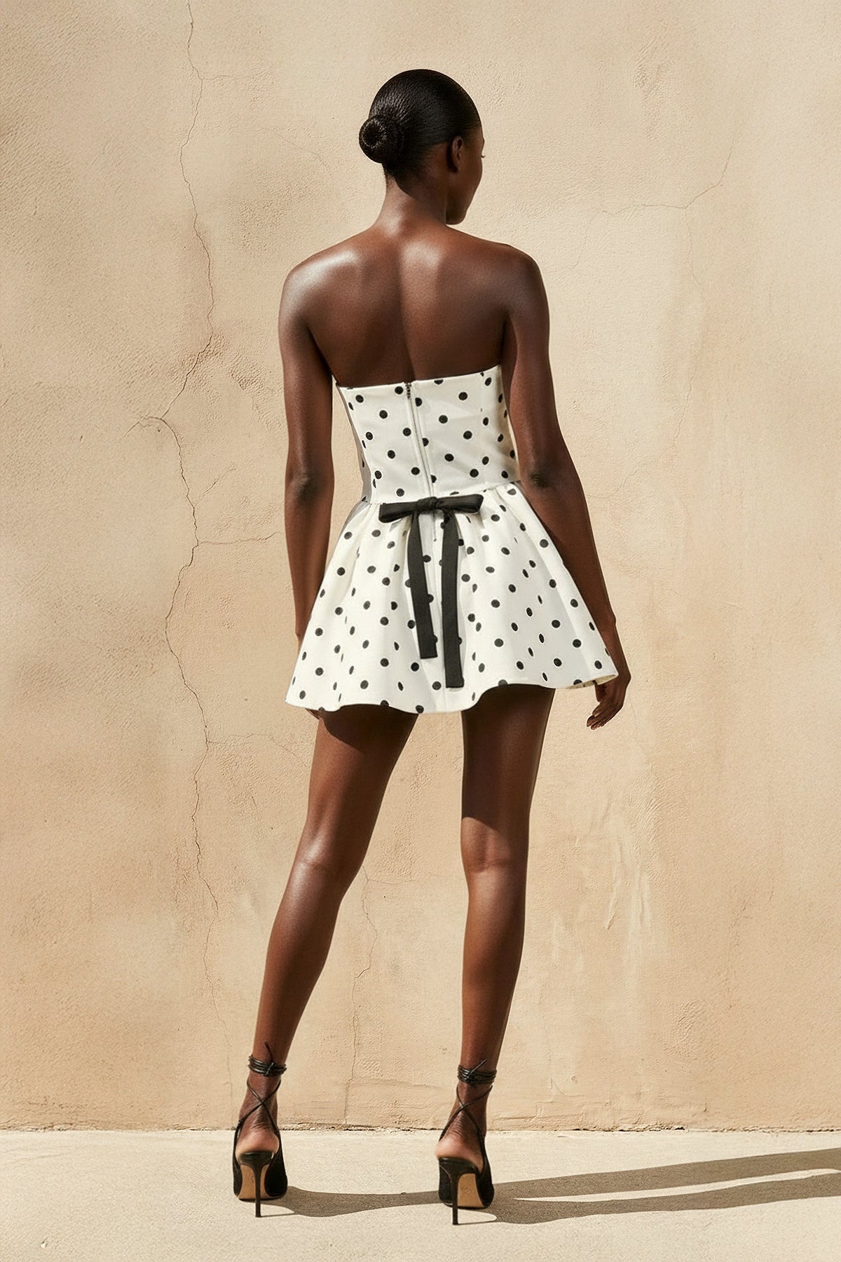 Strapless Polka Dot Mini Dress With Bow in Ivory