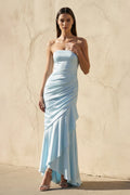 Strapless Ruched Asymmetric Gown in Sky Blue