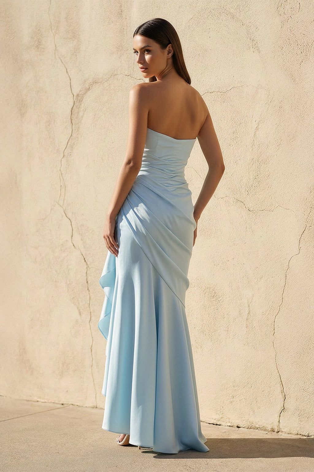 Strapless Ruched Asymmetric Gown in Sky Blue