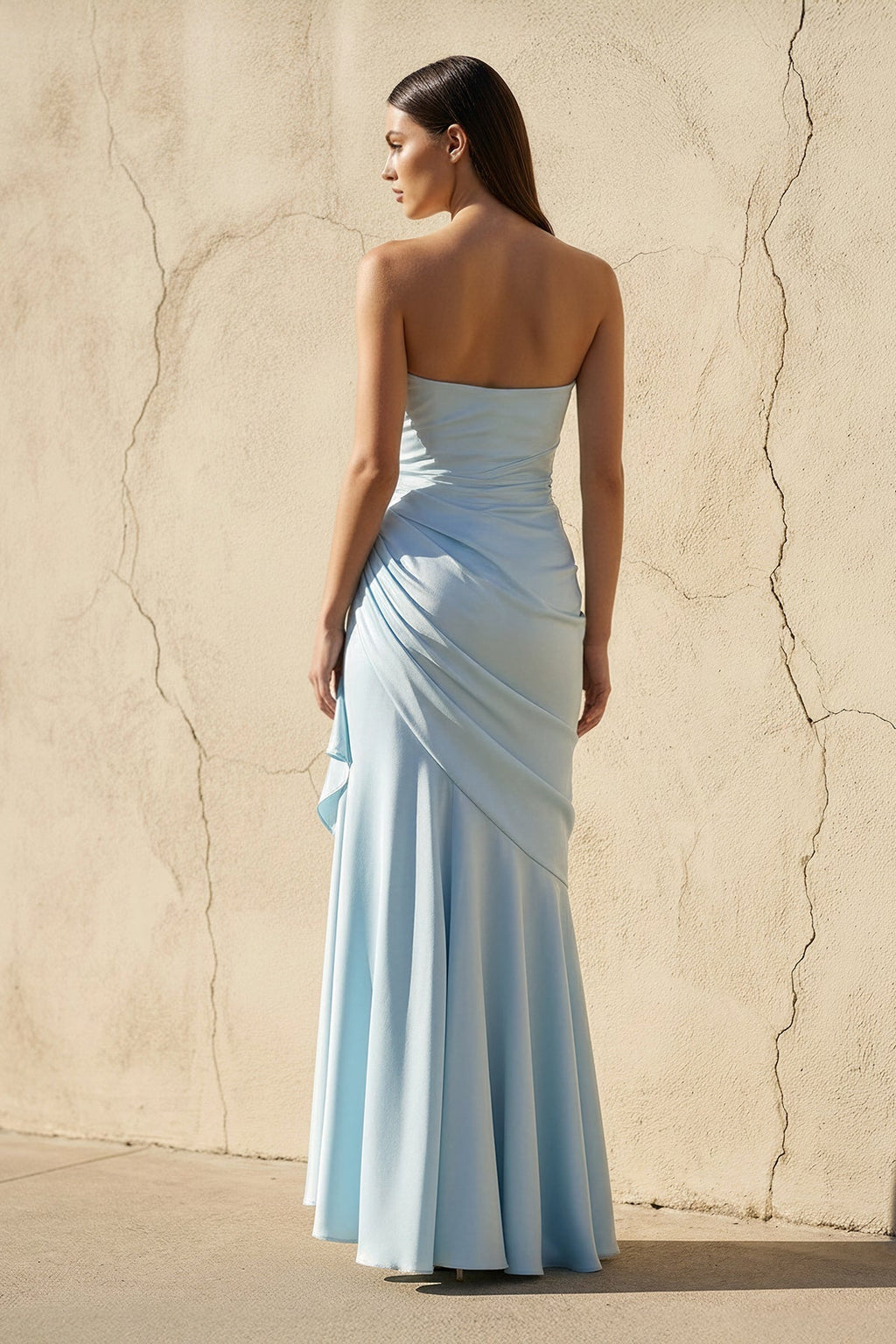 Strapless Ruched Asymmetric Gown in Sky Blue