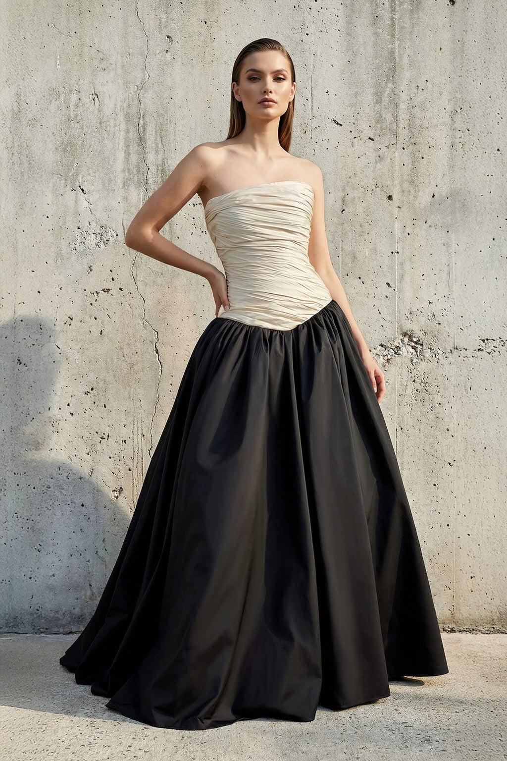 Strapless Ruched Bodice Gown in Black and Ivory