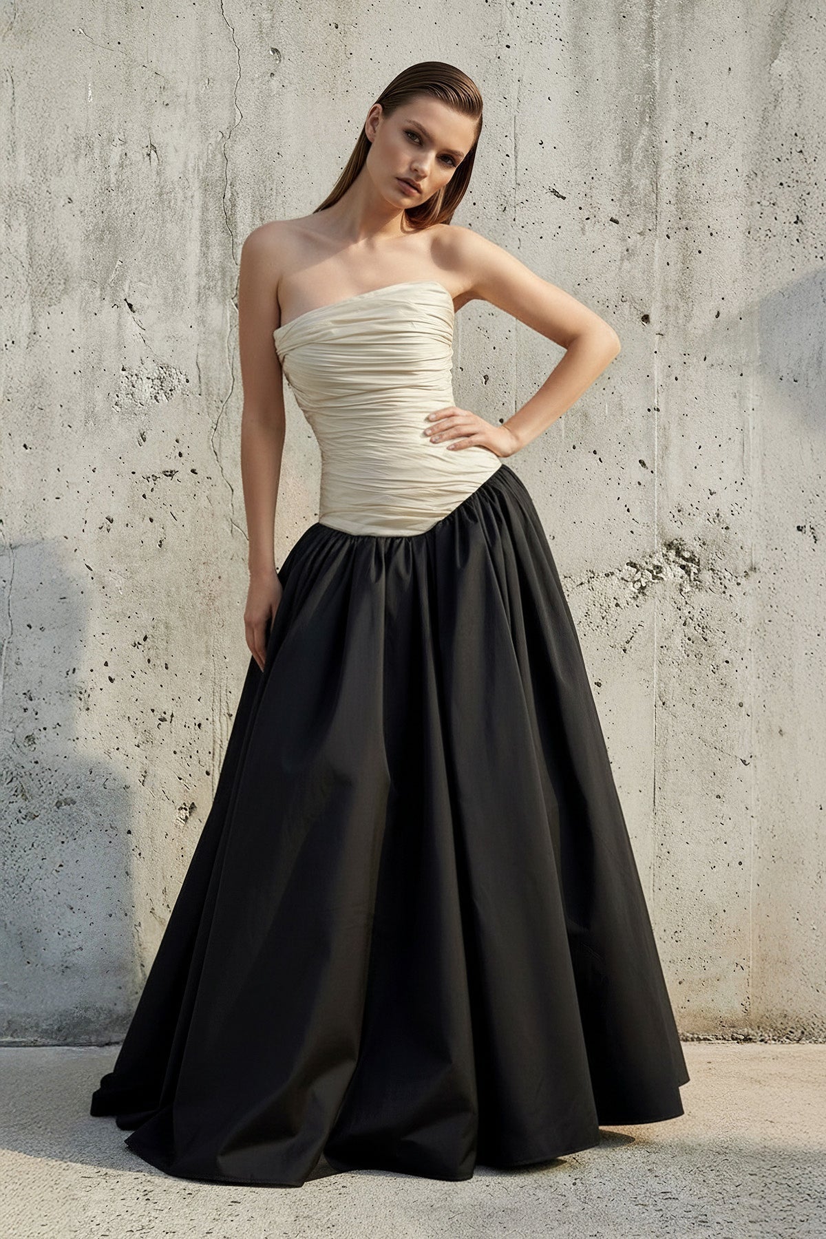 Strapless Ruched Bodice Gown in Black and Ivory
