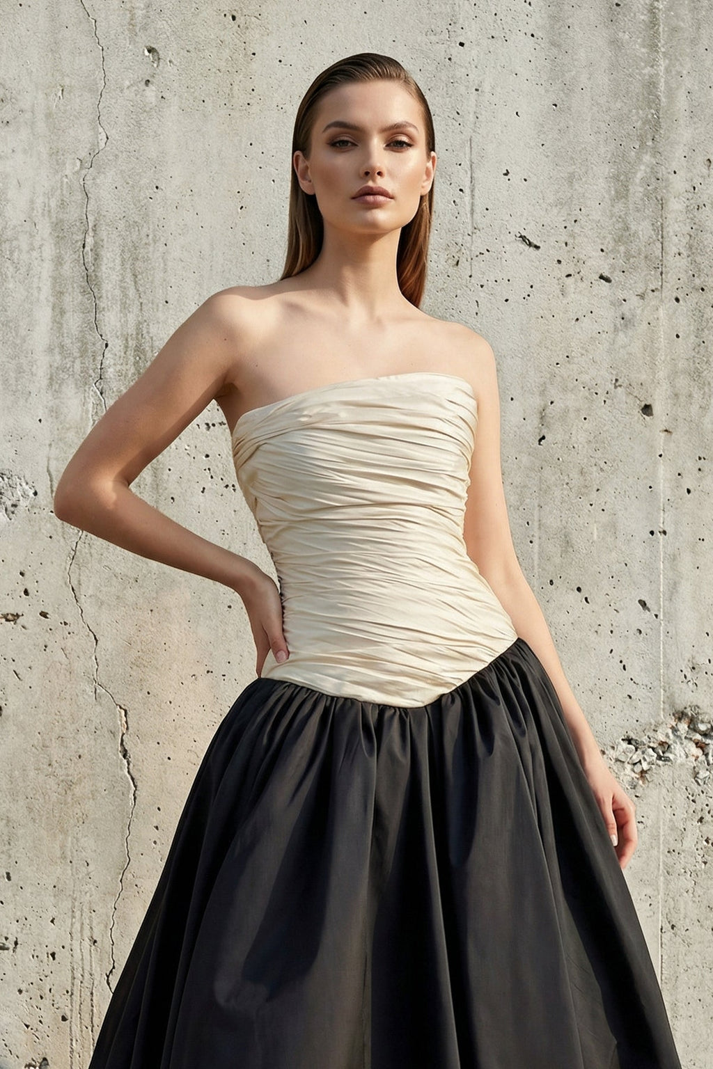 Strapless Ruched Bodice Gown in Black and Ivory