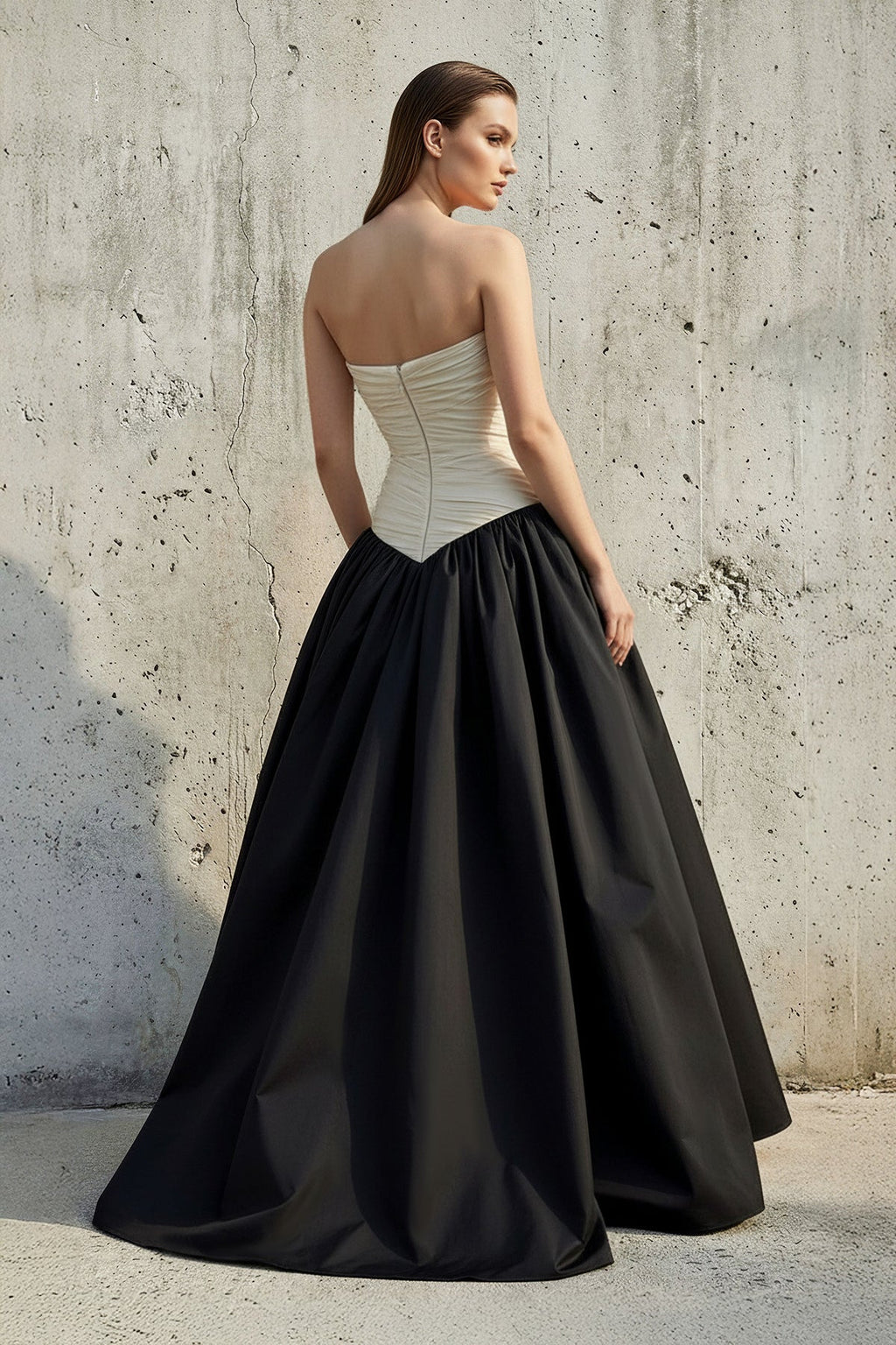Strapless Ruched Bodice Gown in Black and Ivory