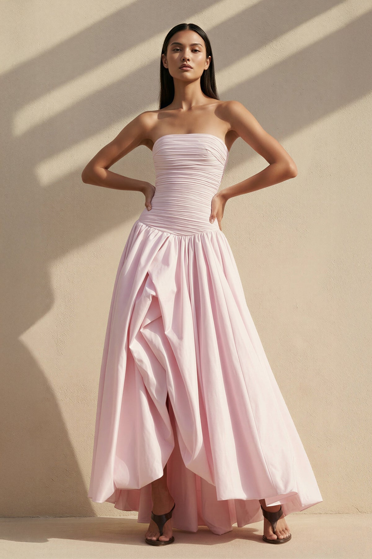 Strapless Ruched Bubble Hem Gown in Pink