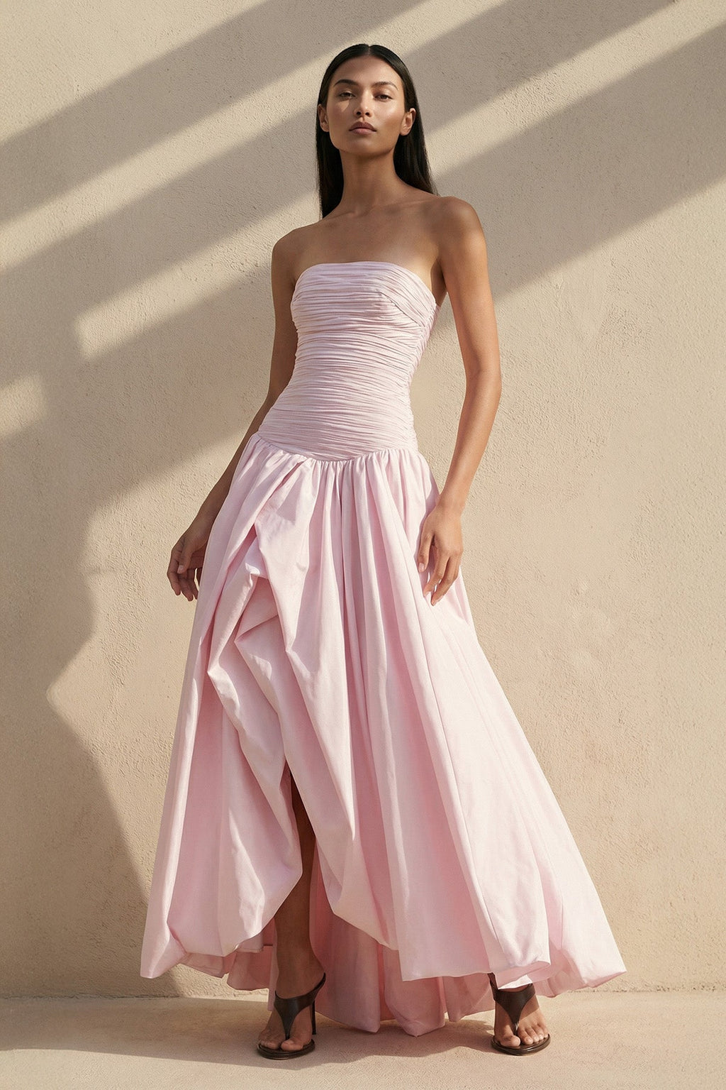 Strapless Ruched Bubble Hem Gown in Pink