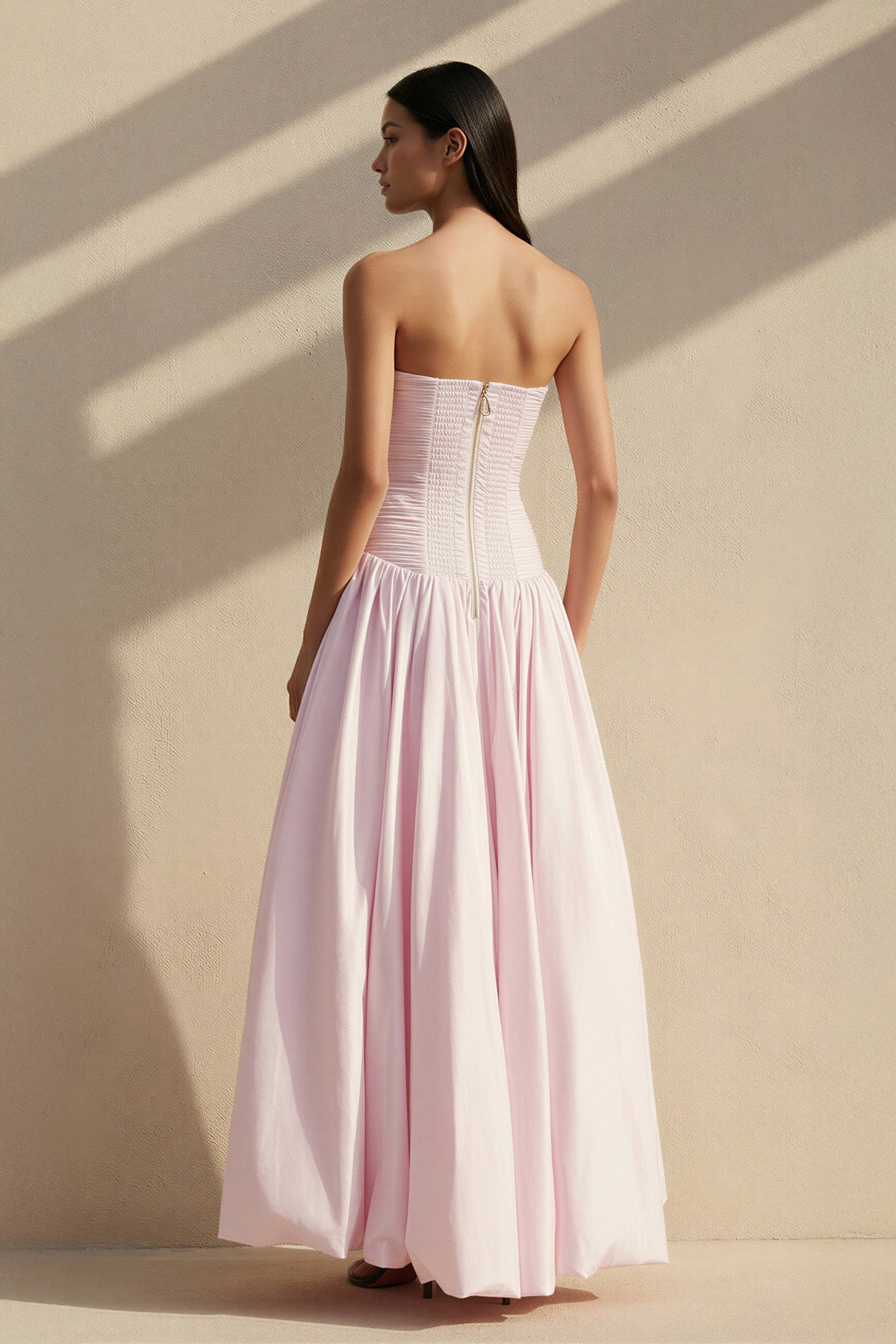 Strapless Ruched Bubble Hem Gown in Pink