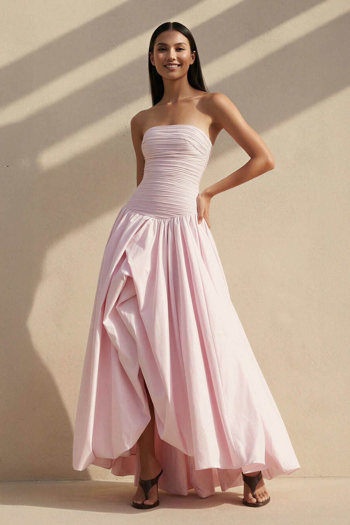 Strapless Ruched Bubble Hem Gown in Pink