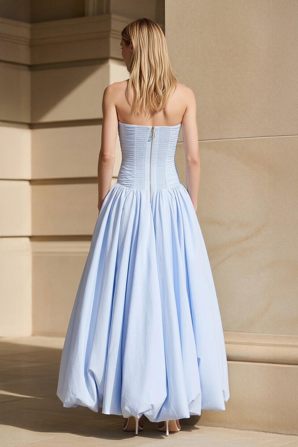 Strapless Ruched Bubble Hem Gown in Sky Blue