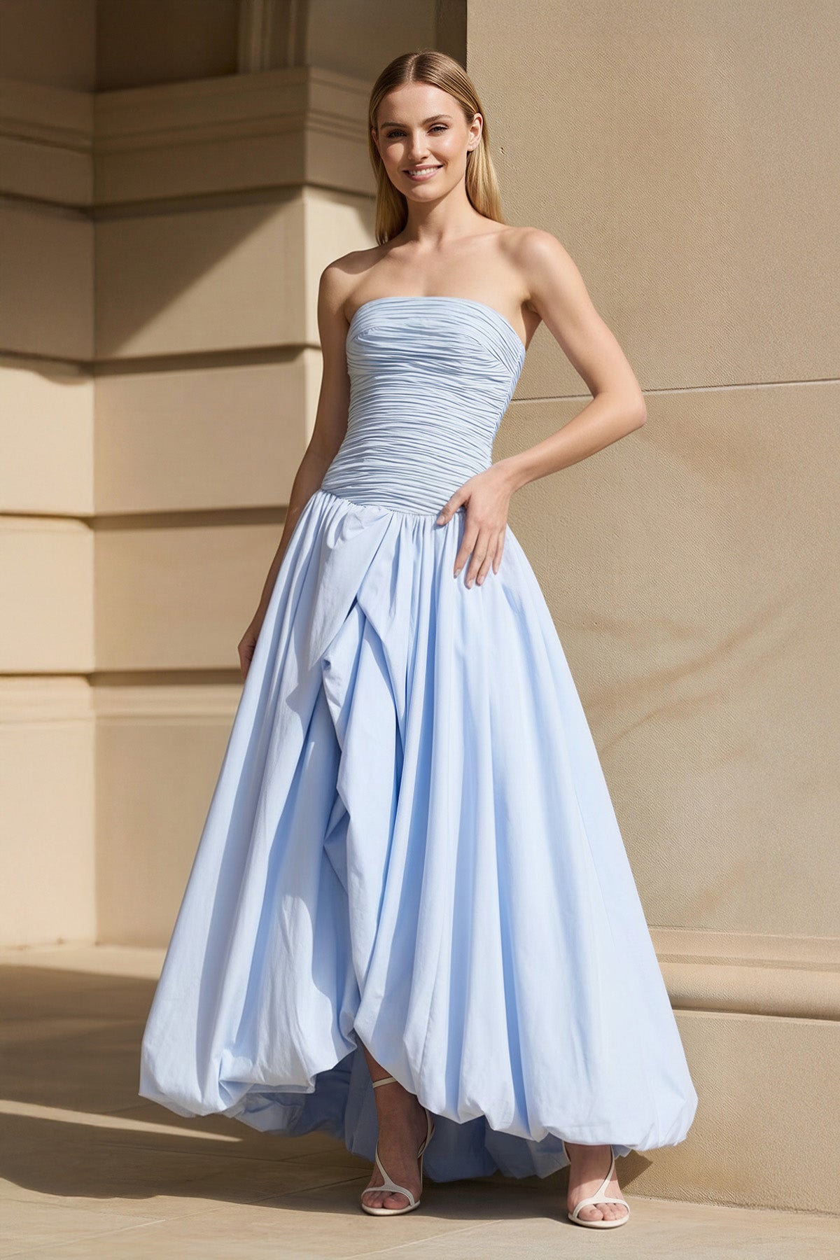 Strapless Ruched Bubble Hem Gown in Sky Blue
