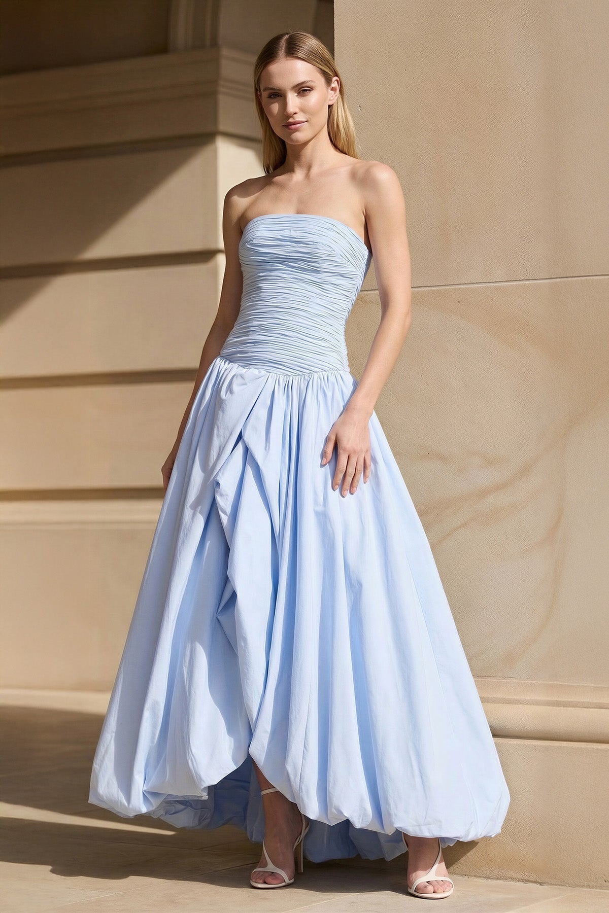 Strapless Ruched Bubble Hem Gown in Sky Blue
