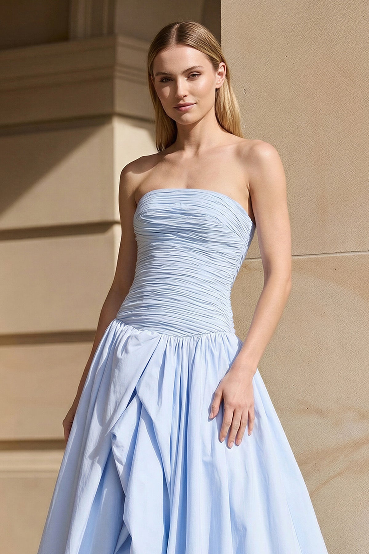 Strapless Ruched Bubble Hem Gown in Sky Blue