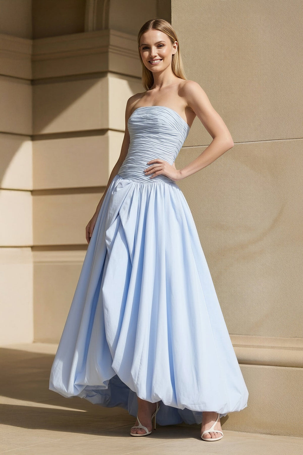 Strapless Ruched Bubble Hem Gown in Sky Blue
