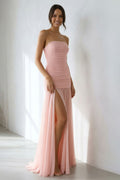 Strapless Ruched Gown With Slit in Blush Pink