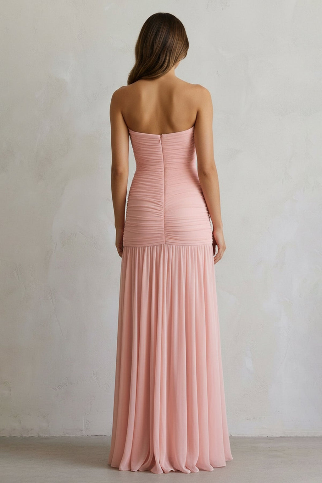 Strapless Ruched Gown With Slit in Blush Pink