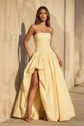 Strapless Ruched Gown With Slit in Yellow